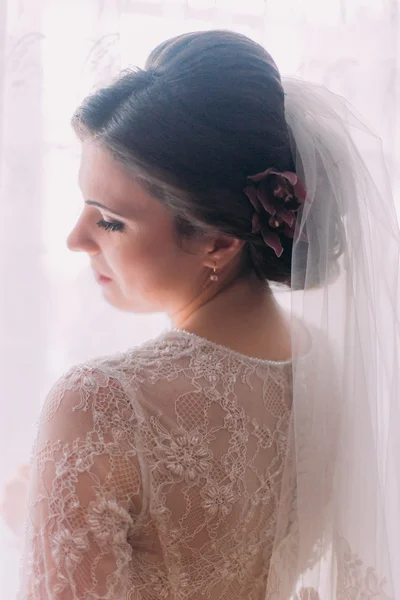 Tenera sposa bruna elegante posa vicino alla finestra e guardando oltre le spalle — Foto Stock