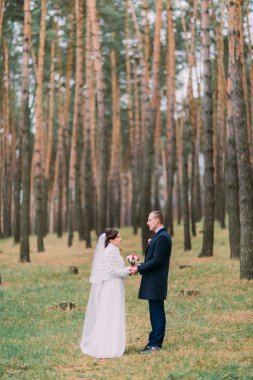 Mutlu şık sadece evli çift yüksek kozalaklı ağaçları ile genç çam ormanda yürüyüş