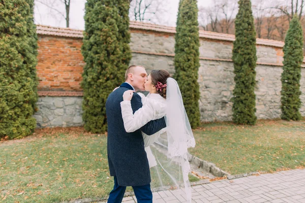 Bonito noivo beijando sua esposa muito nova, segurando as mãos perto de ciprestes e parede fortificada no parque romântico — Fotografia de Stock