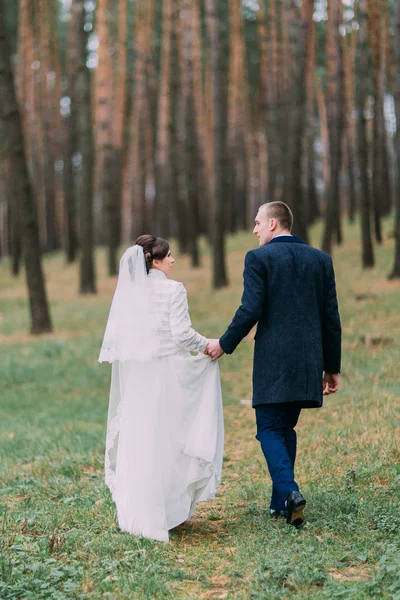 Heureux couple de jeunes mariés élégants marchant dans la jeune forêt de pins. Vue arrière — Photo