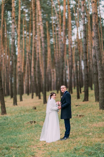 Feliz par recém-casado elegante na romântica floresta de pinheiros jovem verão — Fotografia de Stock