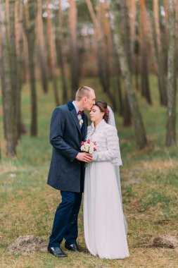 Güzel sadece evli çift yeşil Conifer Woods poz. Damat yavaşça alnında onun sevimli gelin öpüyor. Tam uzunluklu açık portre