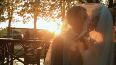 Zarif mutlu evlilik çift, gelin ve damat sunset bulvarında parkta öpüşme