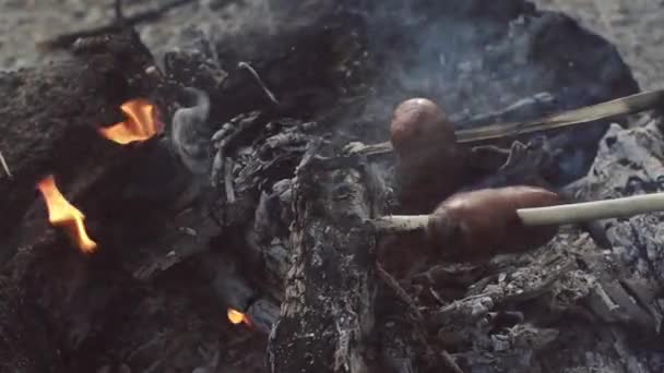 Två korvar bifogas pinnar bakning på liten lägereld — Stockvideo