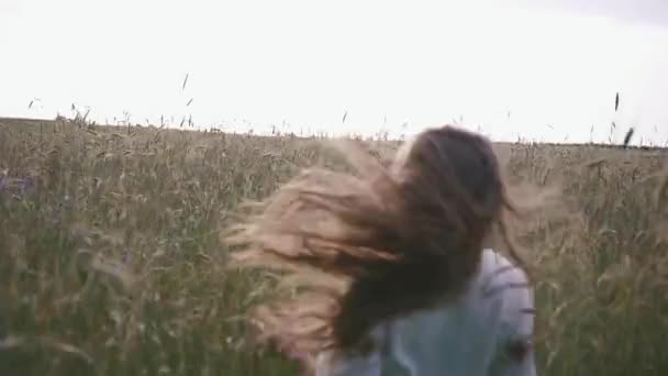 Jonge aantrekkelijke lachende vrouw in etnische stijl witte jurk speels weglopen bij groene en gele granen veld bij avond — Stockvideo