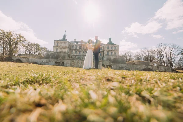 Attraente coppia di sposi in posa al verde prato soleggiato vicino a bellissimo palazzo barocco in rovina. Amare sposo tenendo sposa affascinante nelle sue mani — Foto Stock