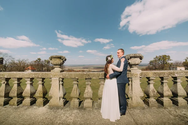 Hochzeitsporträt von glücklich umarmten stilvollen Braut und Bräutigam posiert auf alter Steinterrasse im Spring Park — Stockfoto