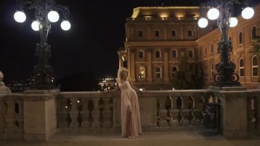 Uzun zarif pembe elbiseli muhteşem bayan gece eski mermer kalenin balkonunda poz