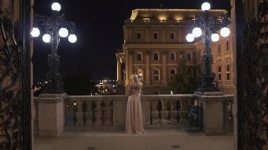 Gece eski mermer kalenin balkonunda poz uzun zarif pembe elbise muhteşem bayan arka görünümü