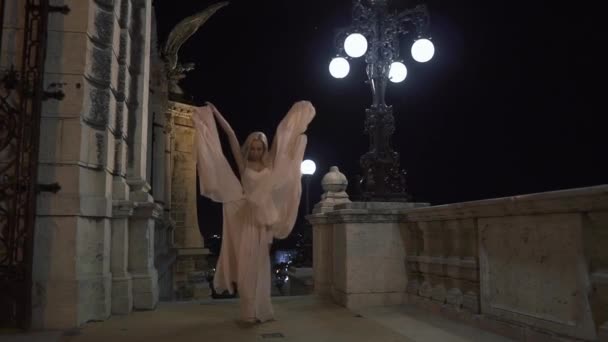 Preciosa pareja enamorada tiene un romántico paseo en el magnífico fondo borroso de Budapest por la noche — Vídeos de Stock