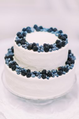 Lezzetli samimi kremalı pasta bilberries ve böğürtlen izole yakın çekim beyaz arka plan ile dekore edilmiş