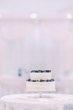 Parlak arka planda bulanık beyaz masa örtüsü ile kaplı masa üzerinde yabanmersini ve böğürtlen izole yakın çekim ile dekore Candid krem kek