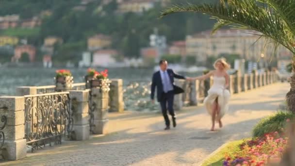 Bruden och brudgummen går längs kajen — Stockvideo