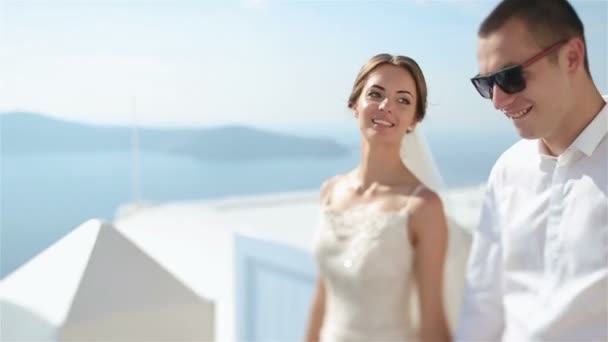 Mooie fantastische gelukkige bruid en stijlvolle bruidegom samen wandelen op een exotisch eiland — Stockvideo