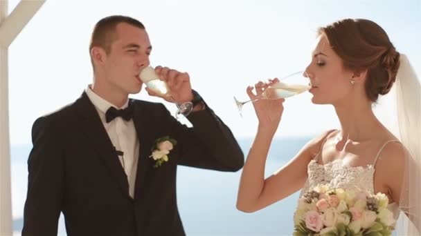 Sposo e sposa stanno bevendo champagne al matrimonio corridoio tenda fondo marino, Santorino da vicino — Video Stock