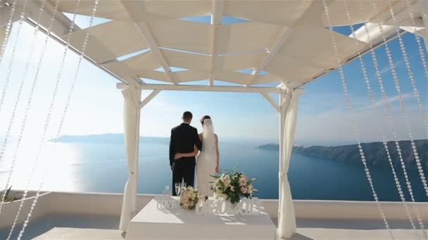 Favolosa sposa bruna mette la testa sulla spalla degli sposi mentre guarda paesaggi incredibili dell'isola di Santorini — Video Stock