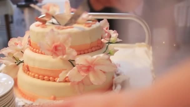 Pan view of beautiful wedding cake decorated with flowers — Stock Video