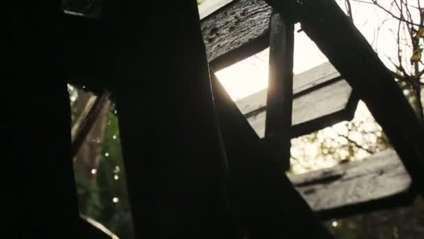 Oude mysterieuze molen in de donkere bossen met zonnestralen close-up — Stockvideo