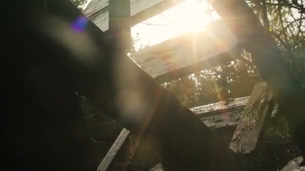 Ancien moulin misterious dans les bois sombres avec des rayons de soleil fermer — Video