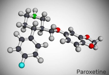 Paroxetine, antidepresan, seçici serotonin geri alma önleyici SSRI, molekül. Depresyon ve anksiyete bozukluklarında kullanılır. Moleküler model. 3B görüntüleme