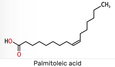 Palmitoleik asit, palmitoleat molekülü. Bu bir omega-7 mononsatürasyonlu yağ asidi. İskelet kimyasal formülü. Görüntü