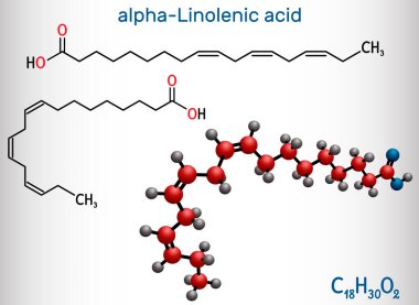 Alfa-linolenik asit, ALA molekülü. Karboksilik, doymamış omega-3 yağ asidi. Birçok yaygın sebze yağının bileşeni. Yapısal kimyasal formül, molekül modeli. Vektör illüstrasyonu