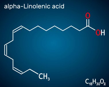 Alfa-linolenik asit, ALA molekülü. Karboksilik, doymamış omega-3 yağ asidi. Birçok yaygın sebze yağının bileşeni. Koyu mavi arka plan. Vektör illüstrasyonu