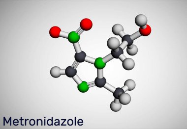 Metronidazol, antiprotozoal ilaç molekülü. Bu antibiyotik, nitroimidazol sınıfındaki antibiyotiklere ait. Moleküler model