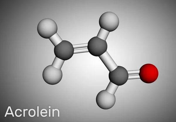 Acroleína, propenal, molécula de aldehído insaturado. Se utiliza como plaguicida y para fabricar otros productos químicos. Modelo molecular —  Fotos de Stock