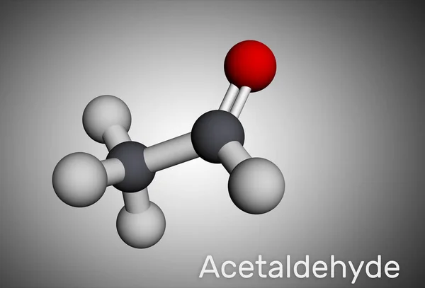 Acétaldéhyde, éthanal, molécule CH3CHO. Il est cétone, est utilisé dans la fabrication de l'acide acétique, des parfums, des colorants, des médicaments, comme agent aromatisant. Modèle moléculaire. rendu 3D — Photo