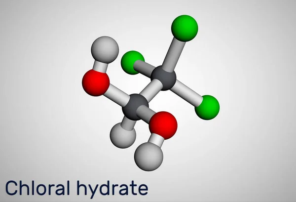 Hidrato de cloral. diol geminal, molécula anestésica. Um mono-hidrato sintético de droga chloral, hipnótica e sedativa, anticonvulsiva. Modelo molecular. Renderização 3D — Fotografia de Stock