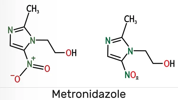 Metronidazol, molécula de medicación antiprotozoaria. Es antibiótico, perteneciente a la clase de antibióticos nitroimidazol. Fórmula química esquelética — Foto de Stock