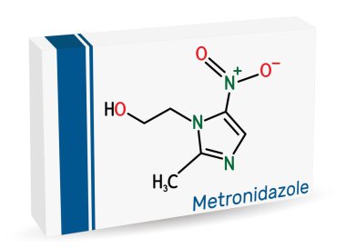 Metronidazol, antiprotozoal ilaç molekülü. Bu antibiyotik, nitroimidazol sınıfındaki antibiyotiklere ait. Yapısal kimyasal formül. Uyuşturucu için kağıt ambalajlama