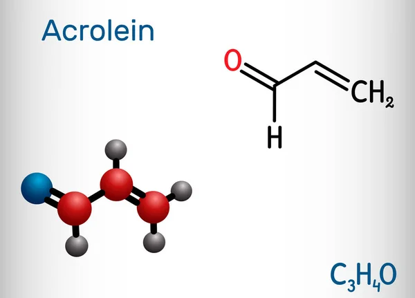 Acroleína, propenal, molécula de aldehído insaturado. Se utiliza como plaguicida y para fabricar otros productos químicos. Fórmula química estructural y modelo molecular. — Vector de stock