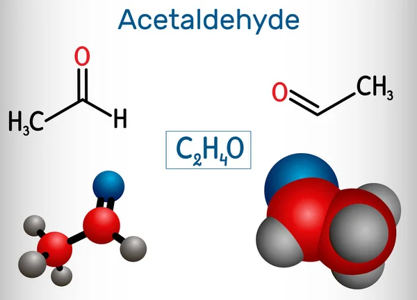 Acetaldehyd, ethanal, molekula CH3CHO. Je to keton, se používá při výrobě kyseliny octové, parfémy, barviva, drogy, jako aromatické činidlo. Strukturální chemický vzorec a model molekuly — Stockový vektor