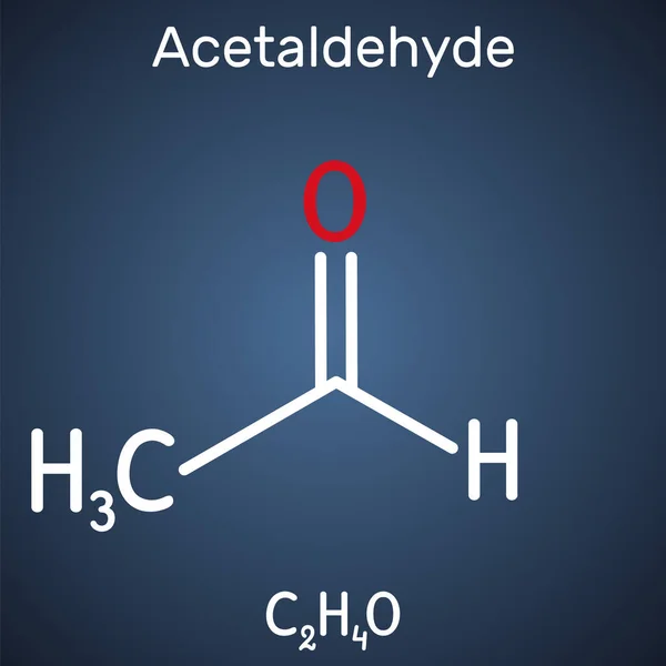Acetaldehyde, ethanal, CH3CHO molecule. It is ketone, is used in the manufacture of acetic acid, perfumes, dyes, drugs, as a flavoring agent. Structural chemical formula on the dark blue background — Stock Vector