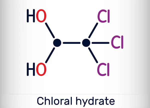 Kloral hidrat. Jeminal diol, anestezi molekülü. Kloral, hipnotik ve yatıştırıcı antikonvülsif ilaçtan oluşan sentetik monohidrat. İskelet kimyasal formülü — Stok Vektör