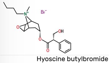 Hyoscine butylbromide, scopolamine butylbromide, butylscopolamine, butylhyoscine molecule. It is antimuscarinic, anticholinergic agent. Skeletal chemical formula