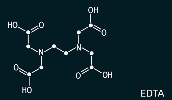 Ethylenediaminetetraacetic acid, edetic acid, EDTA molecule. It is a lead chelator and anti-coagulant. Skeletal chemical formula on the dark blue background