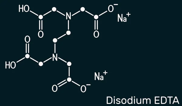 Disodium EDTA, edetate disodium, disodium edetate, molecule. It is diamine, is polyvalent chelating agent used to treat hypercalcemia. Skeletal chemical formula on the dark blue background — Stockfoto