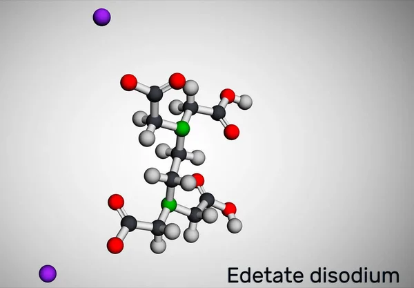 Disodium EDTA, edetate disodium, disodium edetate, molecule. It is diamine, is polyvalent chelating agent used to treat hypercalcemia. Molecular model. 3D rendering — Stockfoto