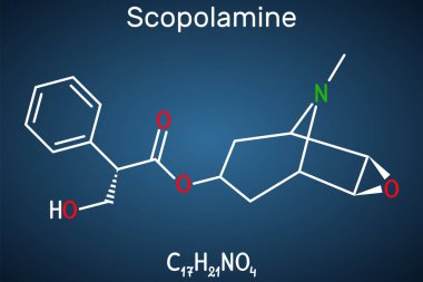 Hyoscine, scopolamine. L-Scopolamine molecule. It is natural plant alkaloid, psychoactive, anticholinergic, antimuscarinic drug. Structural chemical formula on the dark blue background