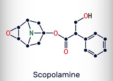 Hyoscine, scopolamine. L-Scopolamine molecule. It is natural plant alkaloid, psychoactive, anticholinergic, antimuscarinic drug. Skeletal chemical formula