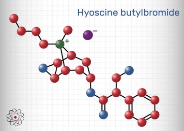 Hyoscine butylbromide, scopolamine butylbromide, butylscopolamine, butylhyoscine molecule. It is antimuscarinic, anticholinergic agent. Sheet of paper in a cage