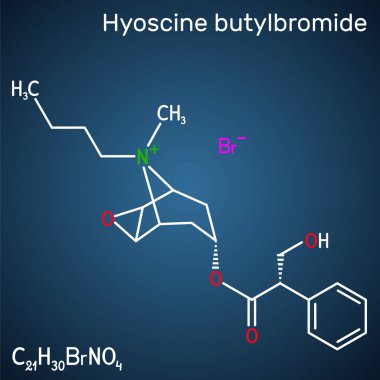 Hyoscine butylbromide, scopolamine butylbromide, butylscopolamine, butylhyoscine molecule. It is antimuscarinic, anticholinergic agent. Structural chemical formula on the dark blue background