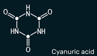 Cyanuric acid molecule. It is triazine, enol tautomer of isocyanuric acid. Skeletal chemical formula on the dark blue background