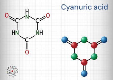 Cyanuric acid molecule. It is triazine, enol tautomer of isocyanuric acid. Structural chemical formula and molecule model. Sheet of paper in a cage