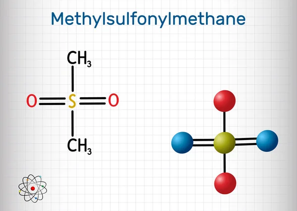 Methylsulfonylmethane, MSM, methyl sulfone, dimethyl sulfone molecule. It is organosulfur compound with sulfonyl functional group. Structural chemical formula and molecule model. Sheet of paper in a — Vector de stock