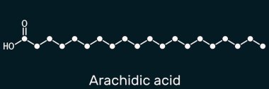 Arakik asit, Eicosanoic, izosanik asit molekülü. Doymuş uzun zincirli yağ asidi. Koyu mavi arka planda iskelet kimyasal formül. Görüntü