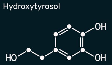 Hidroksilosol molekülü. Ekstra bakir zeytinyağında bulunan katekol, fenolik fitil kimyasalı antioksidan ve antienflamatuar aktiviteleri var. Koyu mavi arka planda iskelet kimyasal formül. Görüntü